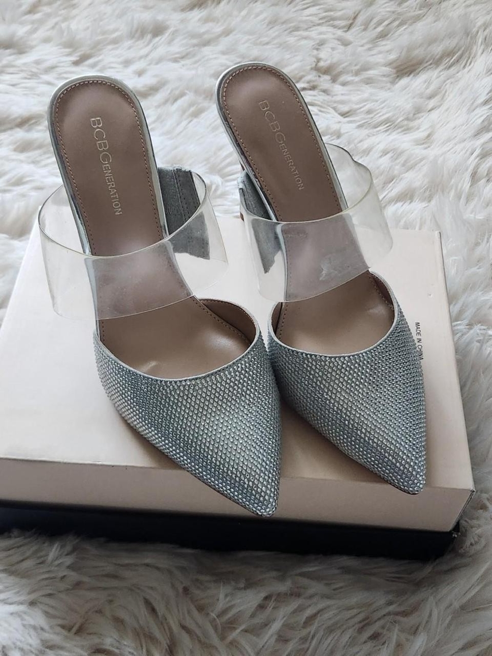 BCBG Silver Pointed Toe Mule with Clear Band